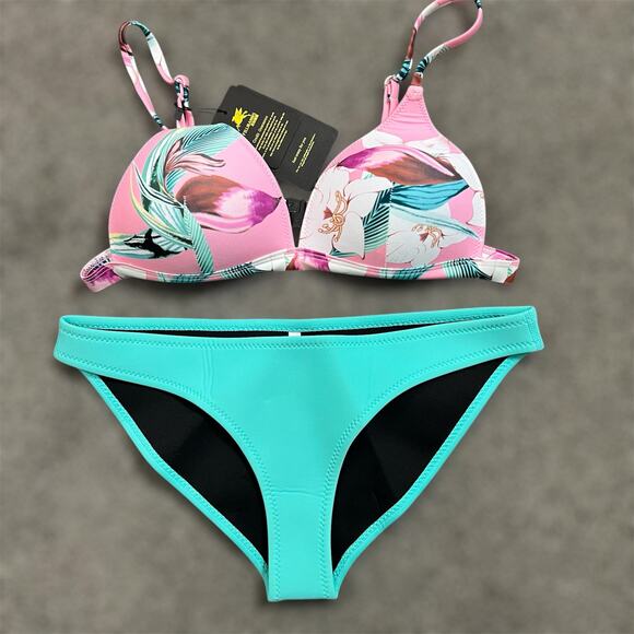 Fillmanns 2 Piece Bikini LARGE Neoprene Tropical Turquoise Beach Swim Vacation - Picture 1 of 11